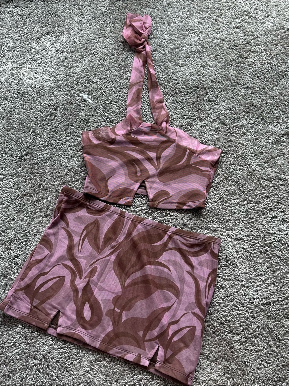 Dolls Kill Pink & Brown Swirl Two-Piece Skirt Set